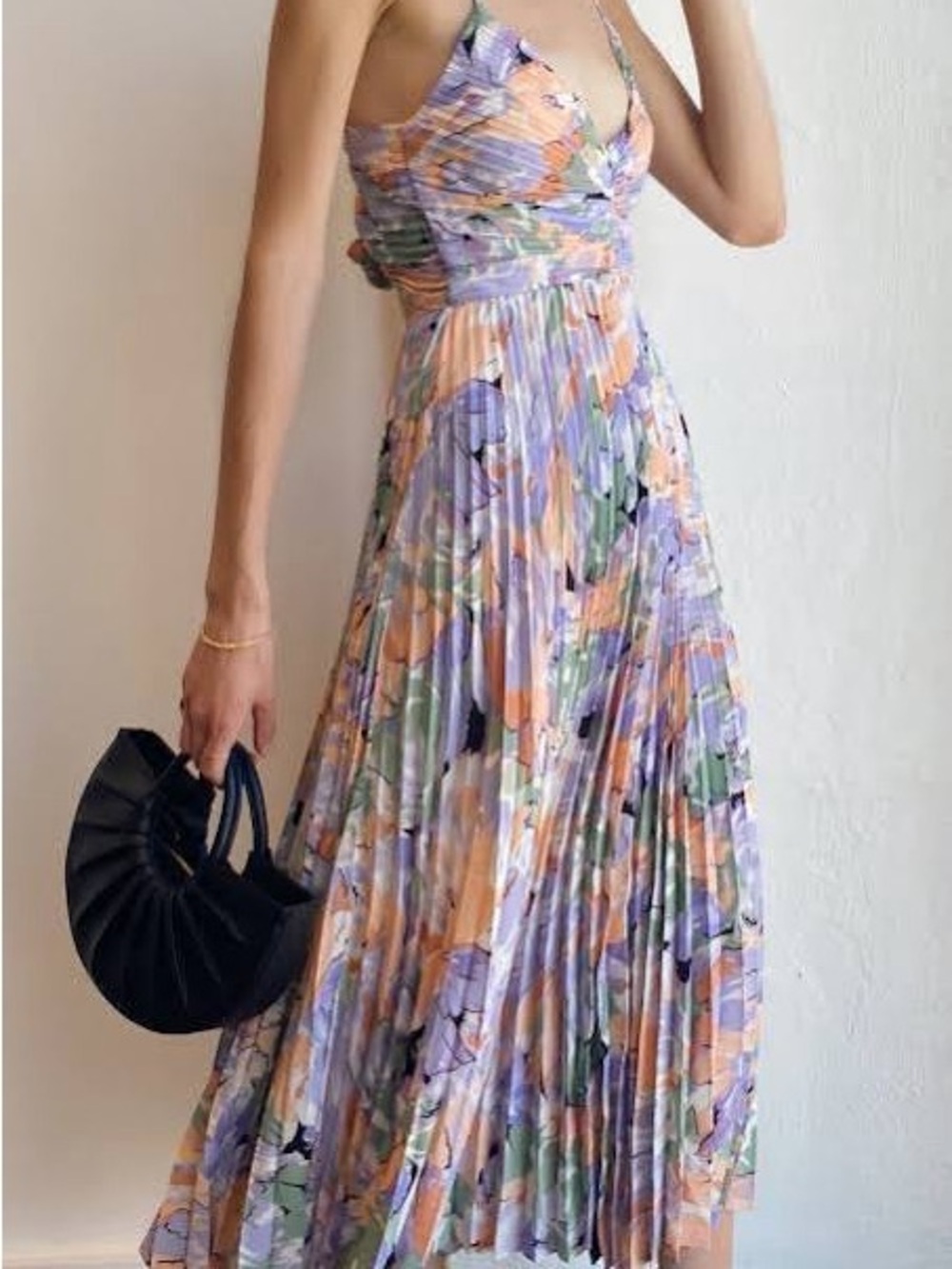 Astr Floral Pleated Maxi Dress in Lavender, Peach and Green